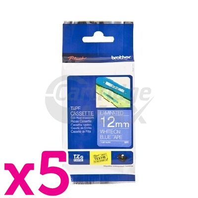 5 x Brother TZe-535 Original 12mm White Text on Blue Laminated Tape - 8 meters