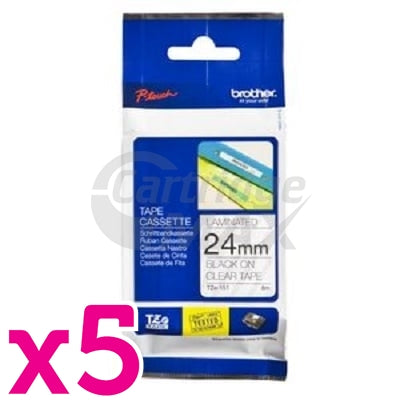 5 x Brother TZe-151 Original 24mm Black Text on Clear Laminated Tape - 8 meters