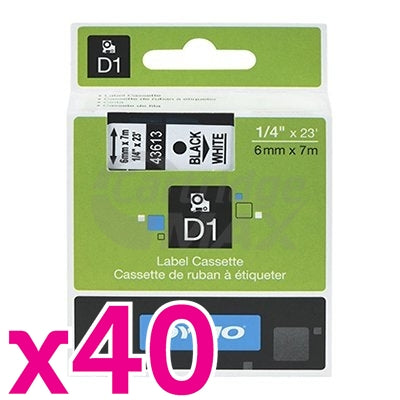 40 x Dymo SD43613 / S0720780 Original 6mm Black Text on White Label Cassette - 7 meters