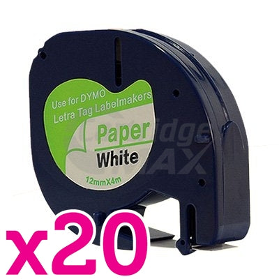 20 x Dymo SD91200 Generic 12mm x 4m Black on White LetraTag Label Paper Tape