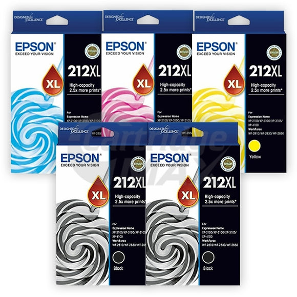 5 Pack Original Epson 212XL (C13T02X192-C13T02X492) High Yield Ink Cartridges Combo [2BK,1C,1M,1Y]