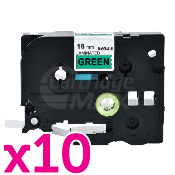 10 x Brother TZe-741 Generic 18mm Black Text on Green Laminated Tape - 8 meters
