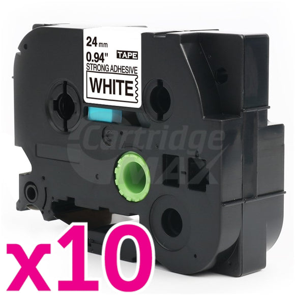 10 x Generic Brother TZe-S251 24mm Black Text on White Strong Adhesive Laminated Tape - 8 metres