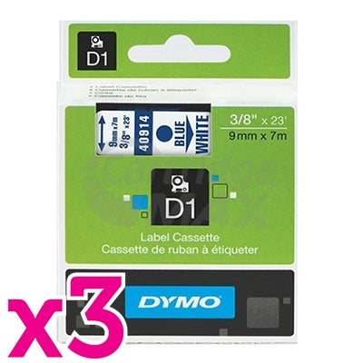 3 x Dymo SD40914 / S0720690 Original 9mm Blue Text on White Label Cassette - 7 meters