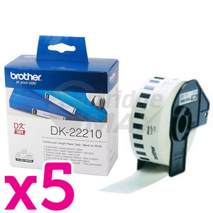 5 x Brother DK-22210 Original Black Text on White Continuous Paper Label Roll 29mm x 30.48m