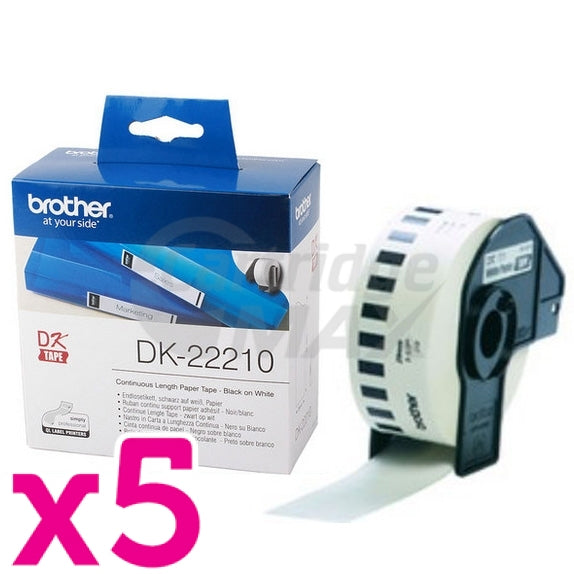 5 x Brother DK-22210 Original Black Text on White Continuous Paper Label Roll 29mm x 30.48m