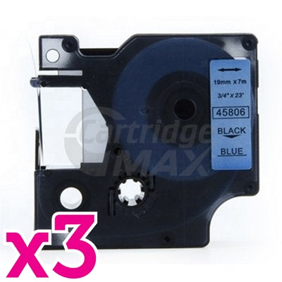 3 x Dymo SD45806 / S0720860 Generic 19mm Black Text on Blue Label Cassette - 7 meters