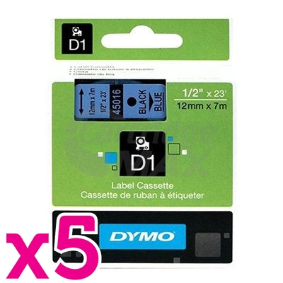 5 x Dymo SD45016 / S0720560 Original 12mm Black Text on Blue Label Cassette - 7 meters