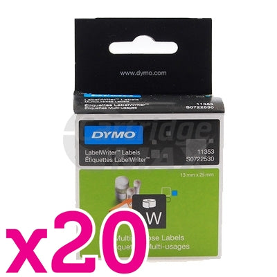 20 x Dymo SD11353 / S0722530 Original Multi Purpose 2UP Label Roll 13mm x 25mm - 1,000 labels per roll