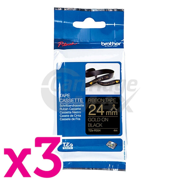 3 x Original Brother TZe-R354 24mm Gold Text on Black Ribbon Tape - 4 metres