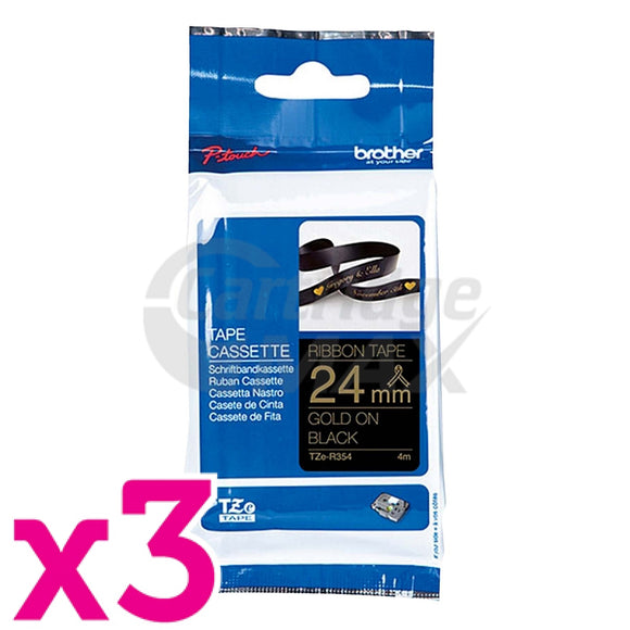 3 x Brother TZe-R354 Original 24mm Gold Text on Black Ribbon Tape - 4 metres