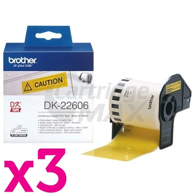 3 x Brother DK-22606 Original Black Text on Yellow Continuous Film Label Roll 62mm x 15.24m