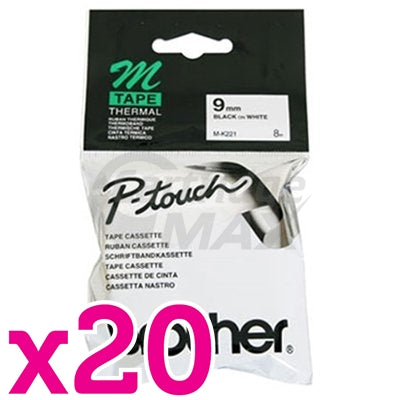 20 x Brother M-K221 Original 9mm Black Text on White Tape - 8 meters