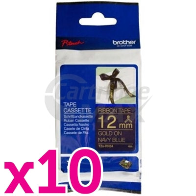 10 x Brother TZe-RN34 Original 12mm Gold Text on Navy Blue Ribbon Tape - 4 metres