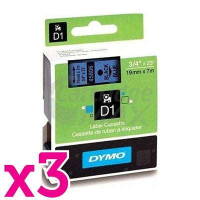 3 x Dymo SD45806 / S0720860 Original 19mm Black Text on Blue Label Cassette - 7 meters