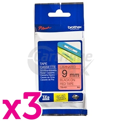 3 x Brother TZe-421 Original 9mm Black Text on Red  Laminated Tape - 8 meters