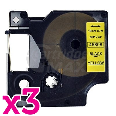 3 x Dymo SD45808 / S0720880 Generic 19mm Black Text on Yellow Label Cassette - 7 meters