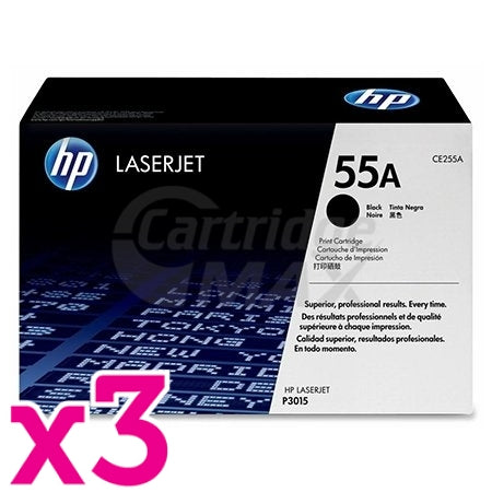 3 x HP CE255A (55A) Original Black Toner Cartridge - 6,000 Pages