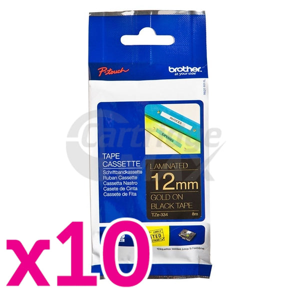 10 x Brother TZe-334 Original 12mm Gold Text on Black Laminated Tape - 8 meters