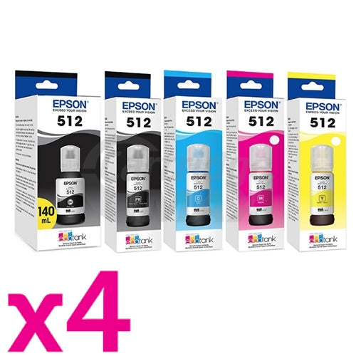 20-Pack Original Epson T512 EcoTank Ink Bottles [4BK,4PBK,4C,4M,4Y]