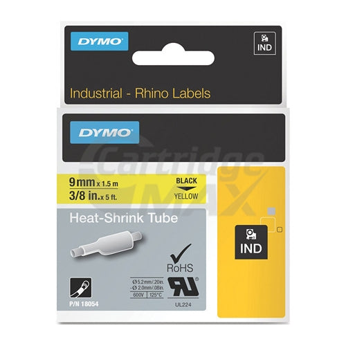 Dymo SD18054 Original 9mm Black Text on Yellow Heat-Shrink Tube Industrial Rhino Label Cassette - 1.5 meters