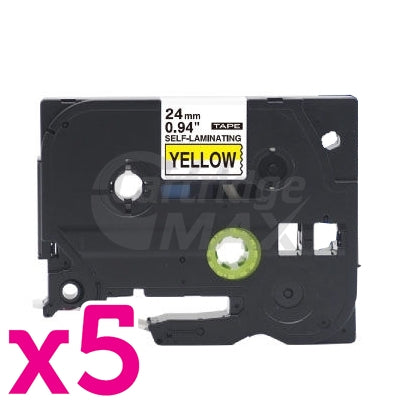 5 x Brother TZe-SL651 Generic 24mm Black Text on Yellow Self-Laminating Label for Cables & Wires - 8 metres
