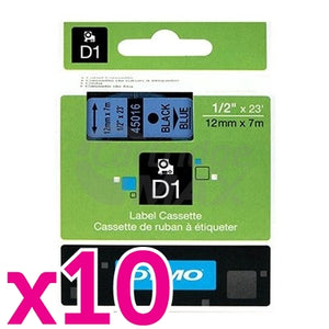 10 x Dymo SD45016 / S0720560 Original 12mm Black Text on Blue Label Cassette - 7 meters