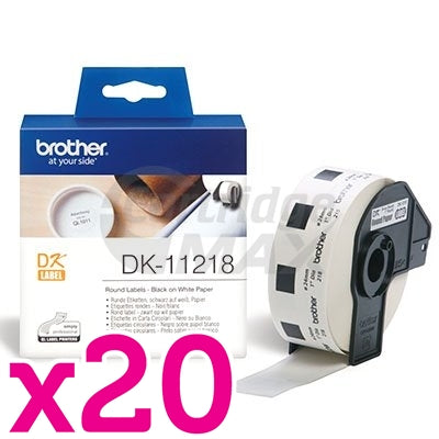 20 x Brother DK-11218 Original Black Text on White 24mm Diameter Die-Cut Paper Label Roll - 1000 labels per roll