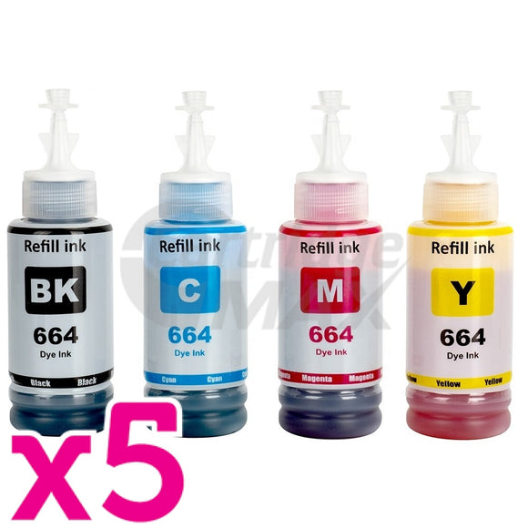 20-Pack Generic Epson T664 EcoTank Ink Bottles [5BK+5C+5M+5Y]