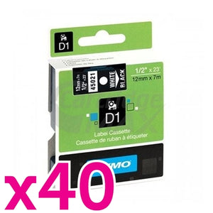 40 x Dymo SD45021 / S0720610 Original 12mm White Text on Black Label Cassette - 7 meters