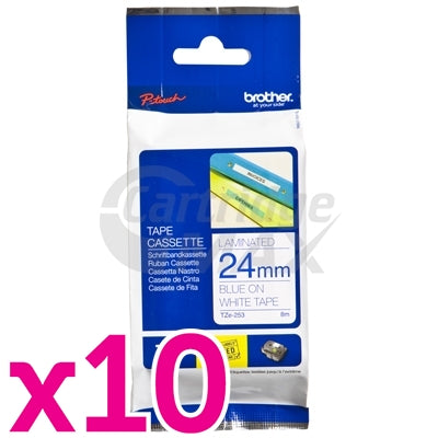 10 x Brother TZe-253 Original 24mm Blue Text on White Laminated Tape - 8 meters
