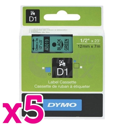 5 x Dymo SD45019 / S0720590 Original 12mm Black Text on Green Label Cassette - 7 meters