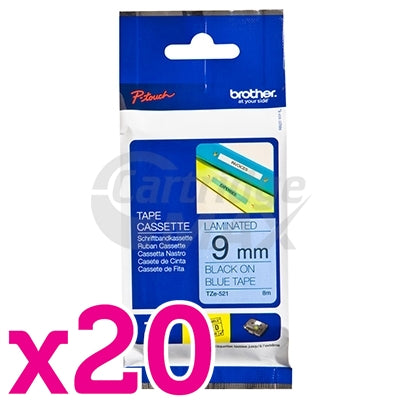 20 x Brother TZe-521 Original 9mm Black Text on Blue Laminated Tape - 8 meters