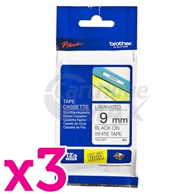 3 x Brother TZe-221 Original 9mm Black Text on White Laminated Tape - 8 meters