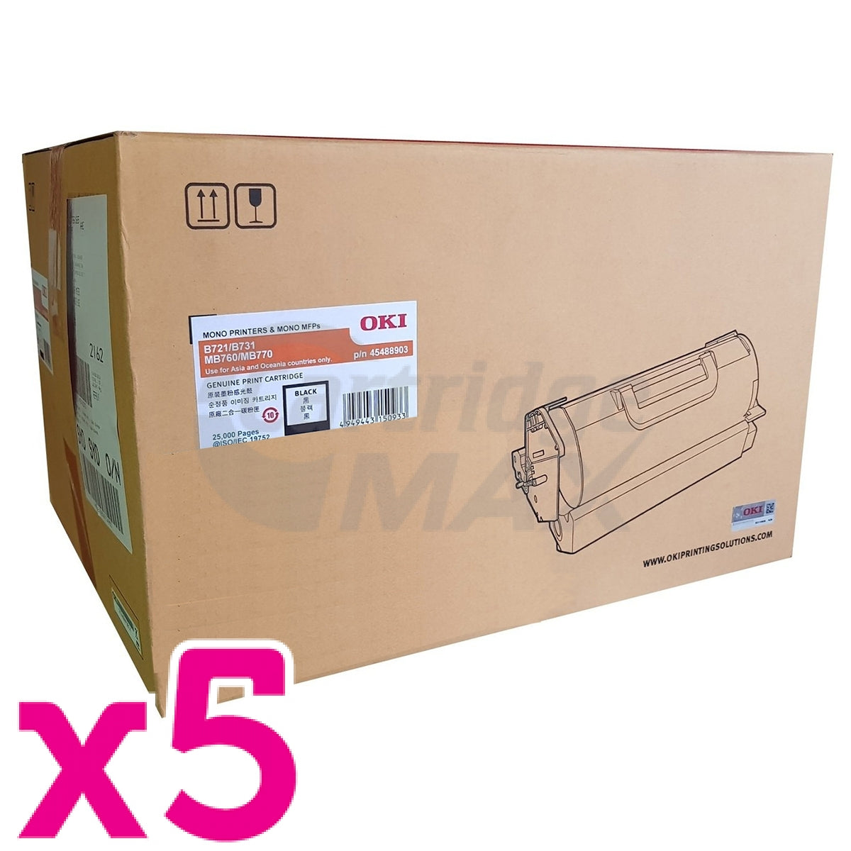 5 x OKI Original B721 B731 MB760 MB770 Black Toner Cartridge - 25,000 ...