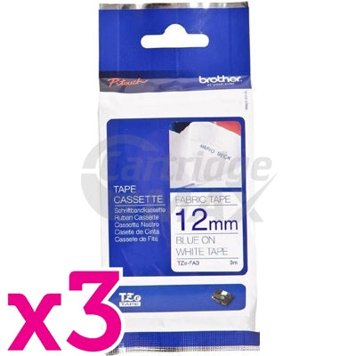 3 x Brother TZe-FA3 Original 12mm Blue Text on White Fabric Tape - 3 meters