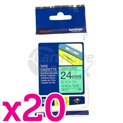 20 x Brother TZe-751 Original 24mm Black Text on Green Laminated Tape - 8 meters