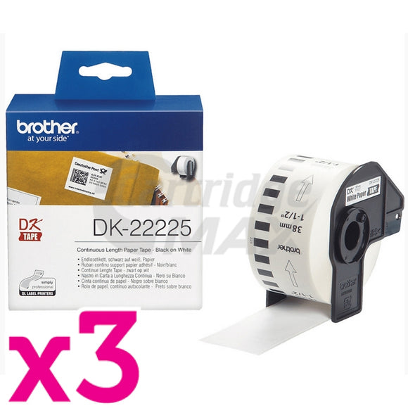 3 x Brother DK-22225 Original Black Text on White Continuous Paper Label Roll 38mm x 30.48m