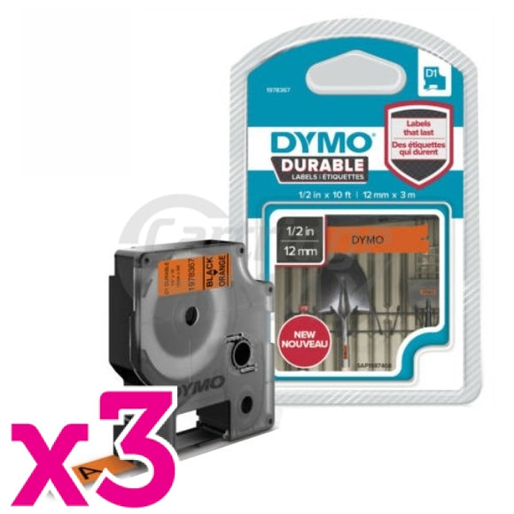 3 x Dymo SD1978367 Original 12mm x 3m Black On Orange D1 Durable Label Tape