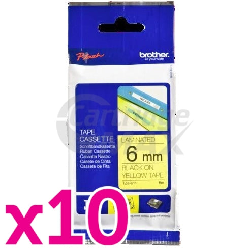 10 x Brother TZe-611 Original 6mm Black Text on Yellow Laminated Tape - 8 meters