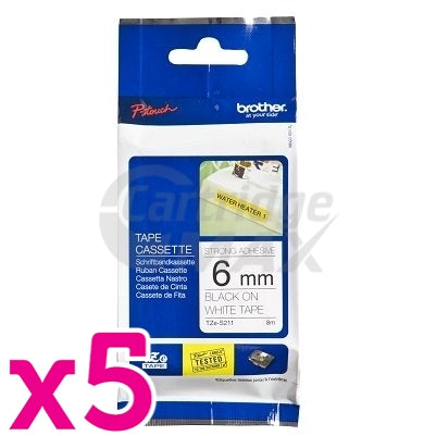 5 x Brother TZe-S211 Original 6mm Black Text on White Strong Adhesive Laminated Tape - 8 metres