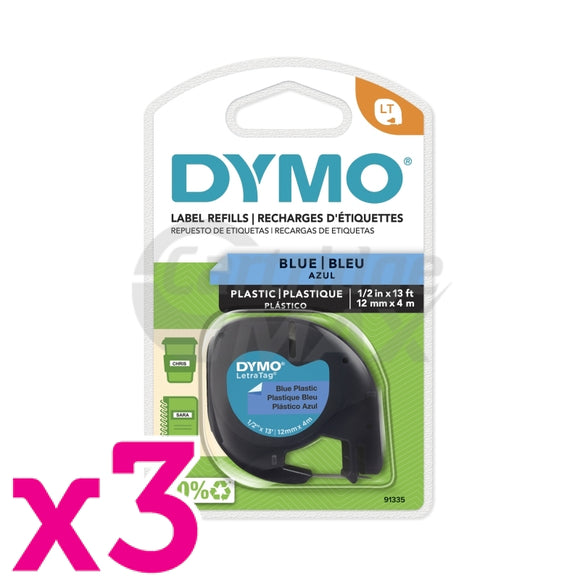 3 x Dymo 91335 Original 12mm x 4m Black On Blue LetraTag Plastic Tape