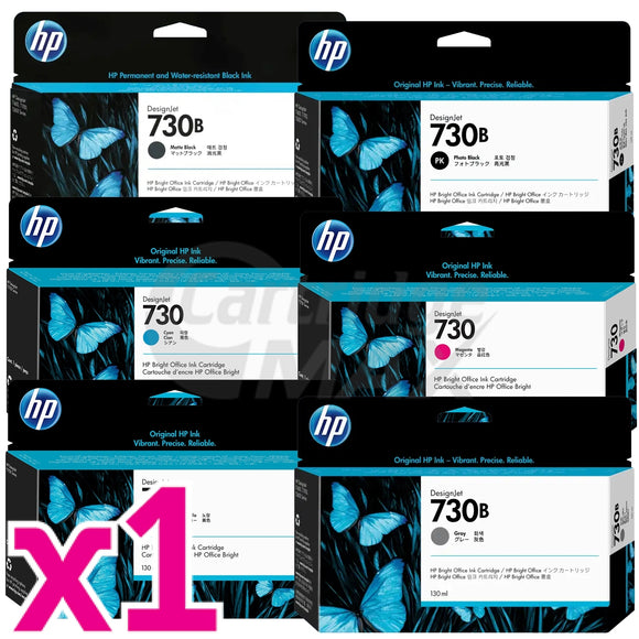 6 Pack HP 730 Original 130ML DesignJet Inkjet Cartridge 3ED43A-3ED45A P2V62A-P2V64A [1MBK,1PBK,1C,1M,1Y,1GY]