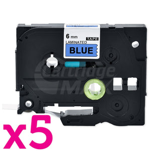 5 x Brother TZe-511 Generic 6mm Black Text on Blue Laminated Tape - 8 meters