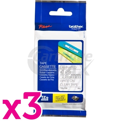 3 x Brother TZe-135 Original 12mm White Text on Clear Laminated Tape - 8 meters