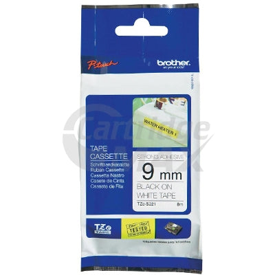 Brother TZe-S221 Original 9mm Black Text on White Strong Adhesive Laminated Tape - 8 metres