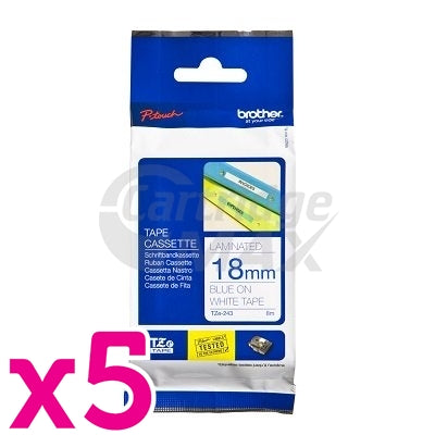 5 x Brother TZe-243 Original 18mm Blue Text on White Laminated Tape - 8 meters