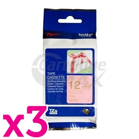 3 x Brother TZe-RE34 Original 12mm Gold Text on Pink Ribbon Tape - 4 metres