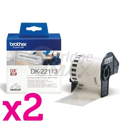 2 x Brother DK-22113 Original Black Text on Clear Continuous Film Label Roll 62mm x 15.24m