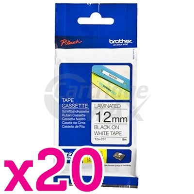 20 x Brother TZe-231 Original 12mm Black Text on White Laminated Tape - 8 meters